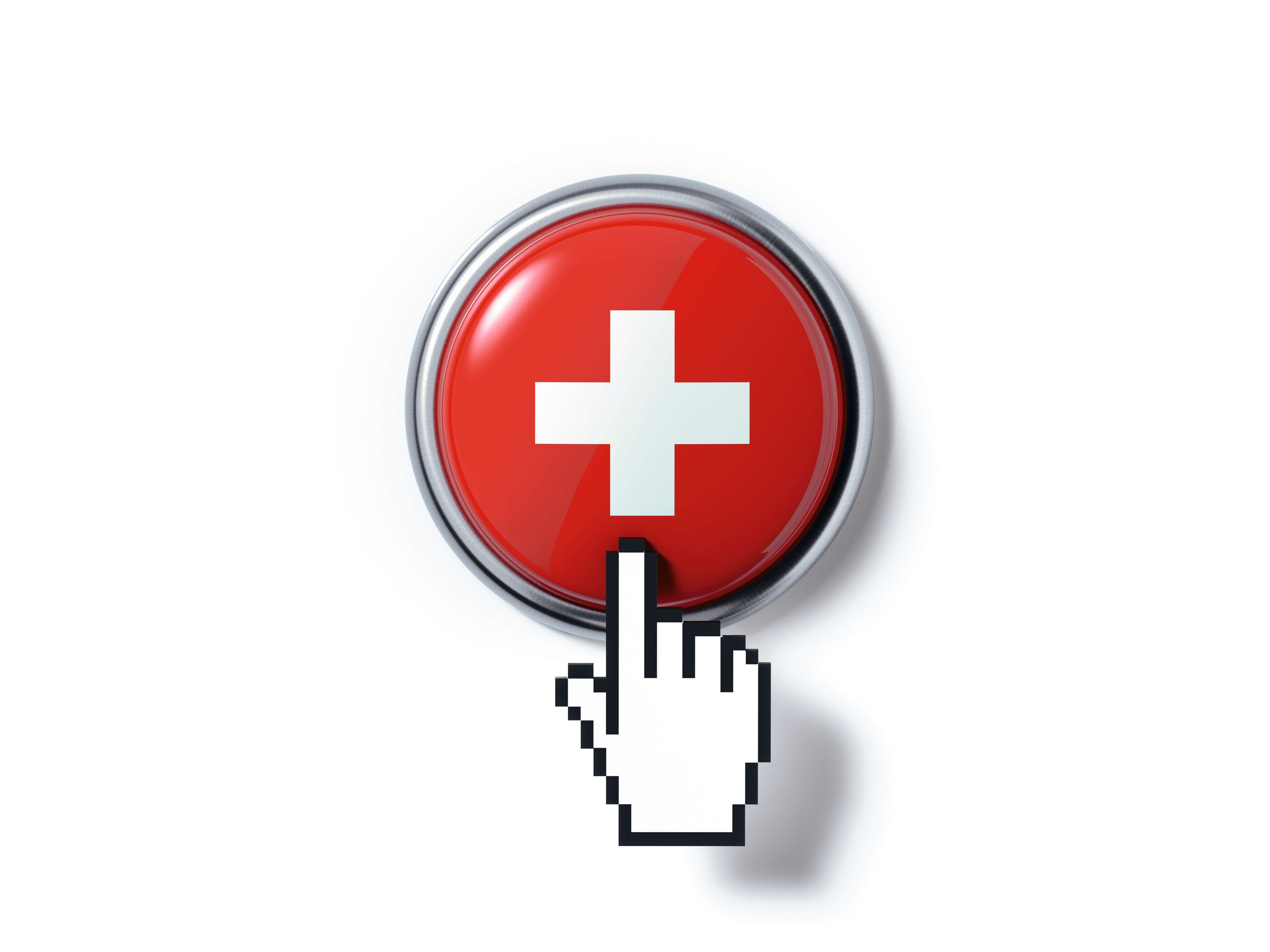 Hand Shaped Computer Cursor Clicking On A Push Button Textured With Swiss Flag